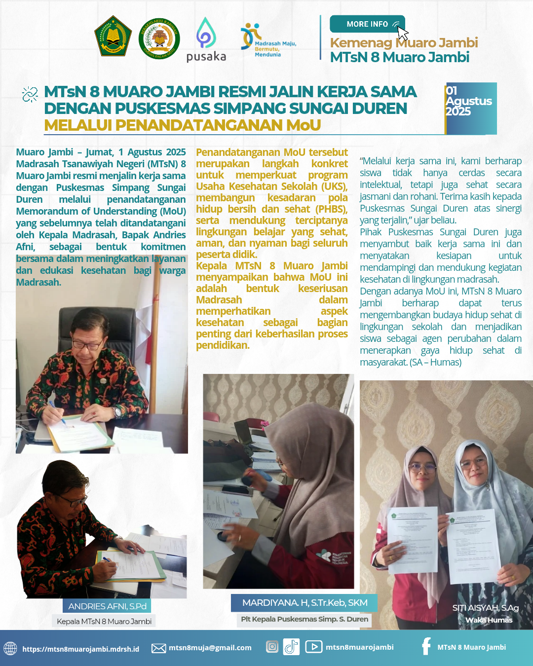 MTsN 8 Muaro Jambi Resmi Jalin Kerja Sama dengan Puskesmas Simpang Sungai Duren Melalui Penandatanganan MoU