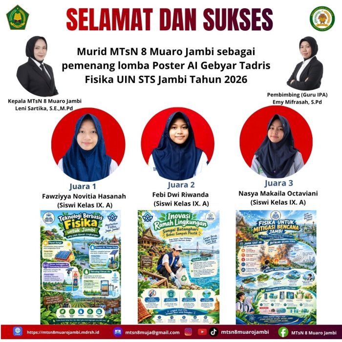 Membanggakan! Murid MTsN 8 Muaro Jambi Sapu Bersih Gelar Lomba Poster AI Gebyar Tadris Fisika UIN STS Jambi 2026 Membanggakan! Murid MTsN 8 Muaro Jambi Sapu Bersih Gelar Lomba Poster AI Gebyar Tadris Fisika UIN STS Jambi 2026