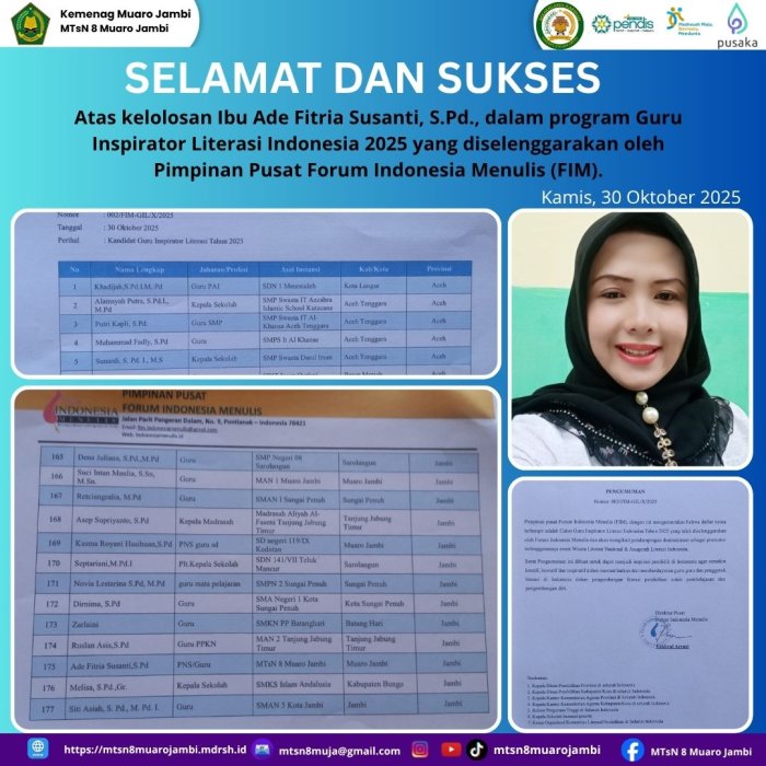 Guru MTsN 8 Muaro Jambi Lolos Seleksi Nasional Guru Inspirator Literasi Indonesia 2025!