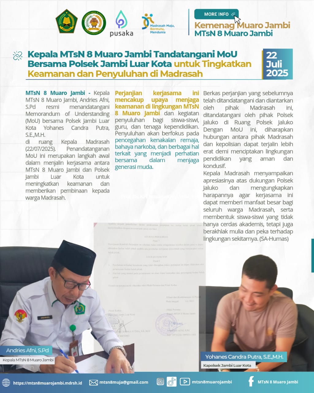 Kepala MTsN 8 Muaro Jambi Tandatangani MoU Bersama Polsek Jambi Luar Kota untuk Tingkatkan Keamanan dan Penyuluhan di Madrasah
